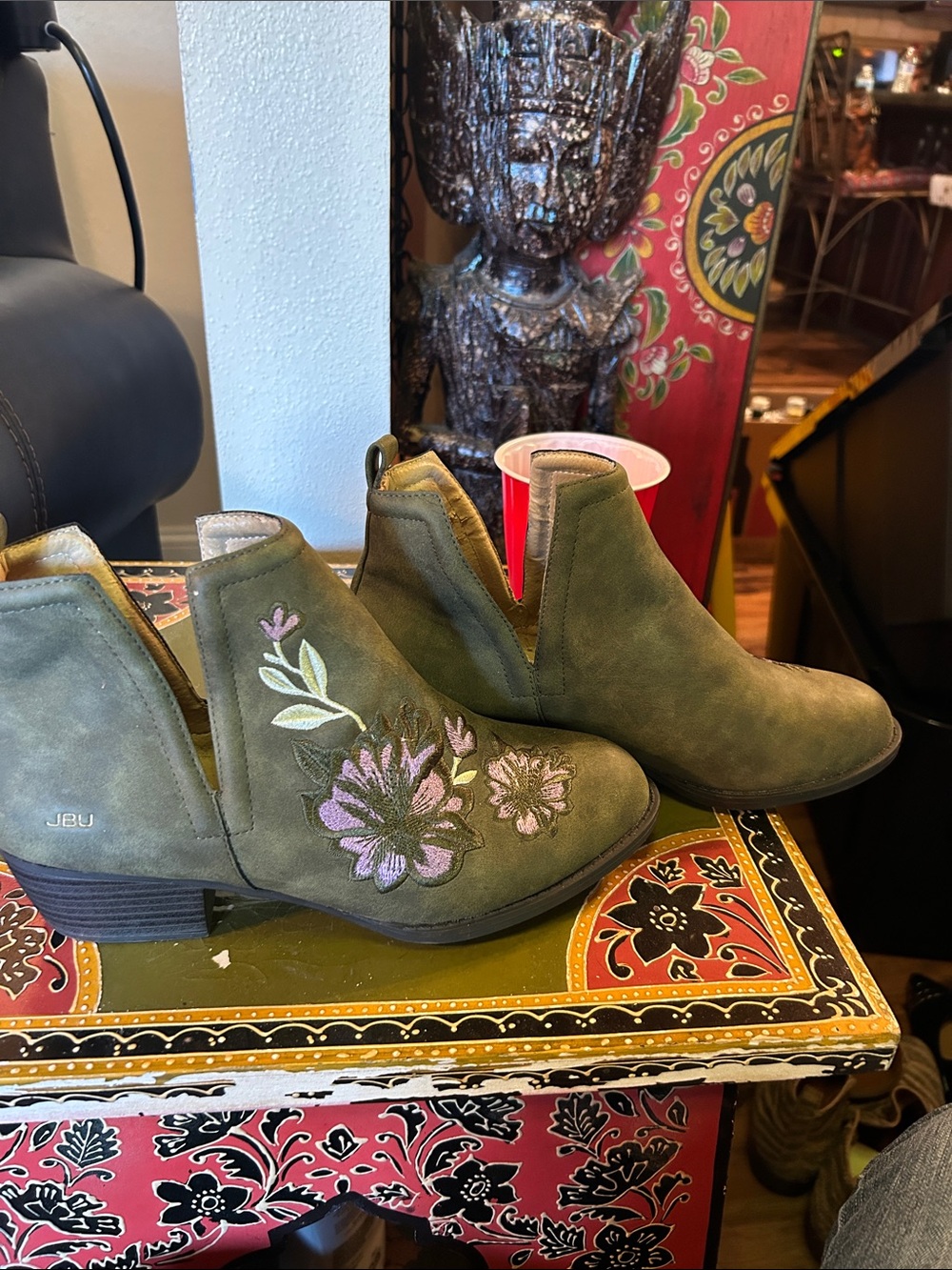 JBU Olive Green Suede Ankle Boots with Pink Floral Embroidery